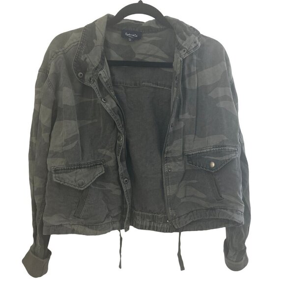 Splendid Cropped Vintage Women's Zip Up Camo Jacket Size Small Linen - Picture 1 of 4